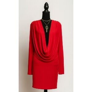 Elegant Red Draped Dress, Size Large, 2 Gold Antique Necklaces